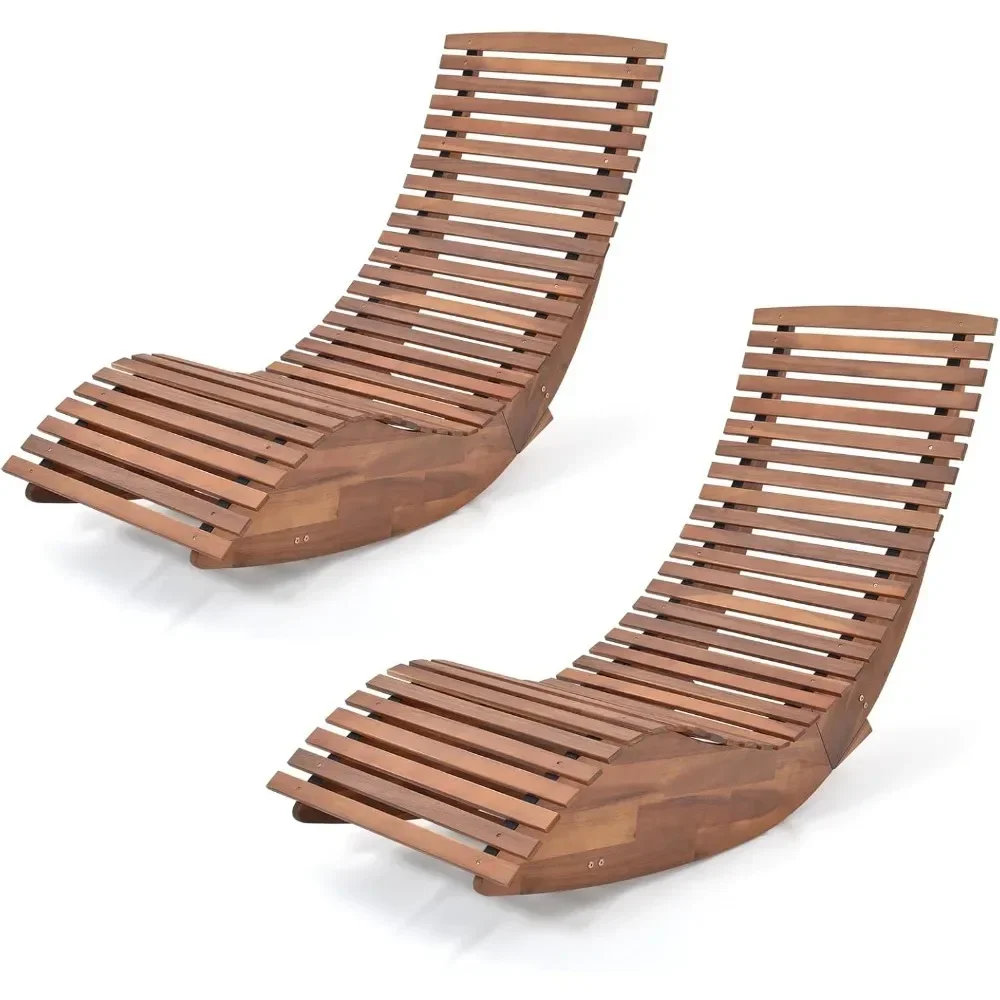 Outdoor Acacia Wood Rocking Chair, Porch Rocker with Widened Slatted Seat and High Back, Wooden Rocking Patio Chair