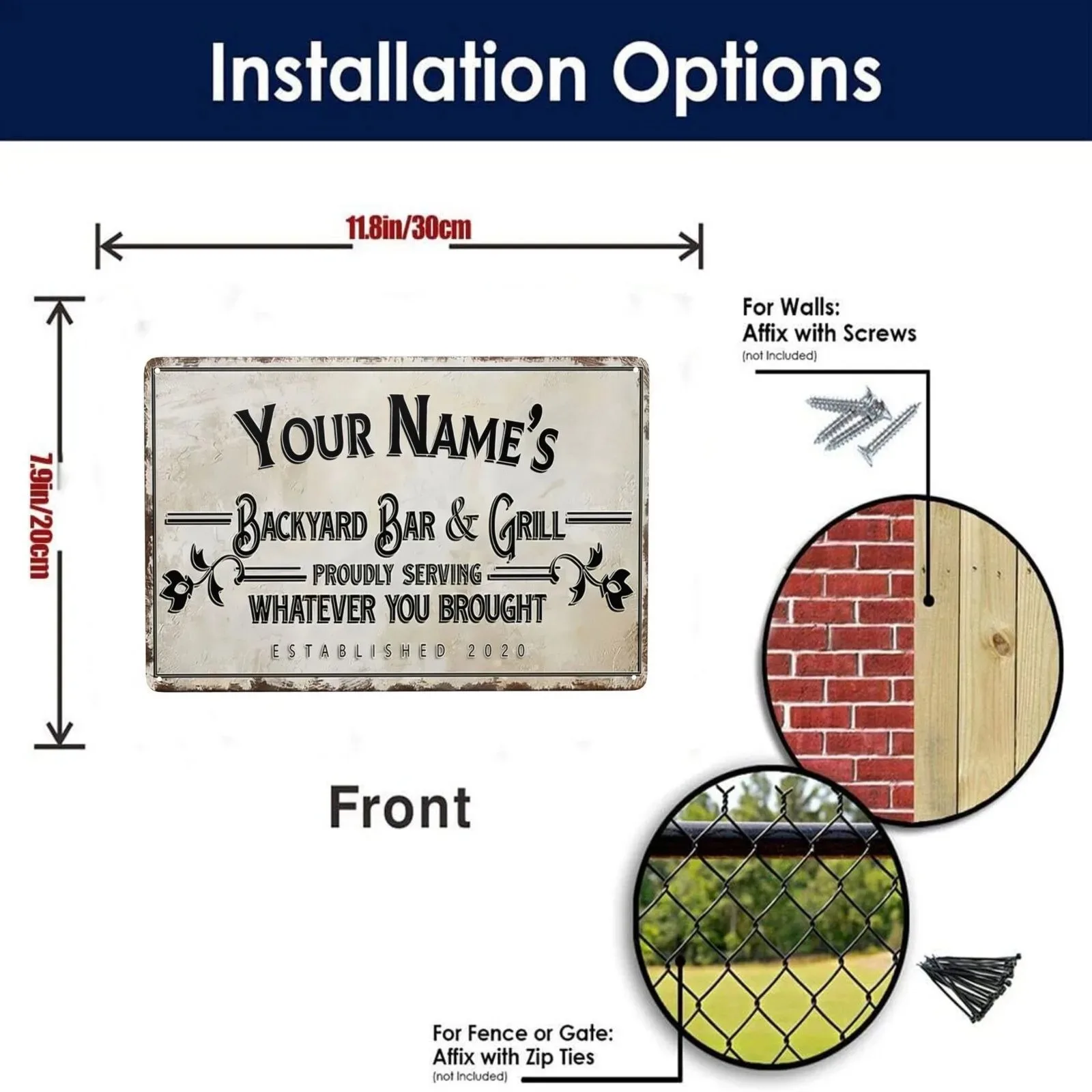 1pc 2D Flat Custom Bar Grill Sign 8X12In Floral Border Backyard Courtyard Plaque