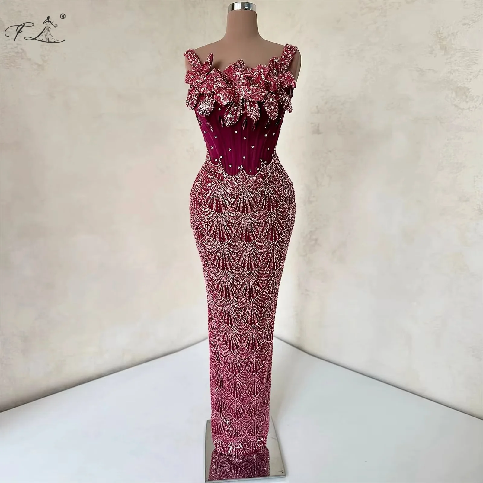 

Floral Sequin Beaded Mermaid Dress Purple-Red Long Evening Gown Fitted Crystal Embellished Strapless Cocktail Dress Customizable