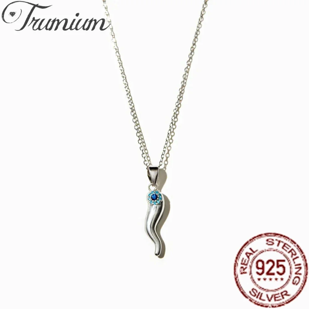 Trumium s925 Sterling Silver Blue Eye Necklaces for Women Men Italian Horn Pendant Chic Chains Necklace Fine Jewelry