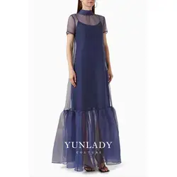 YUNLAN Gorgeous Dubai Mommy Wear Navy Blue Formal Evening Dress 2024 Saudi Wedding Guest Elegant Ruffled Organza Party Dress