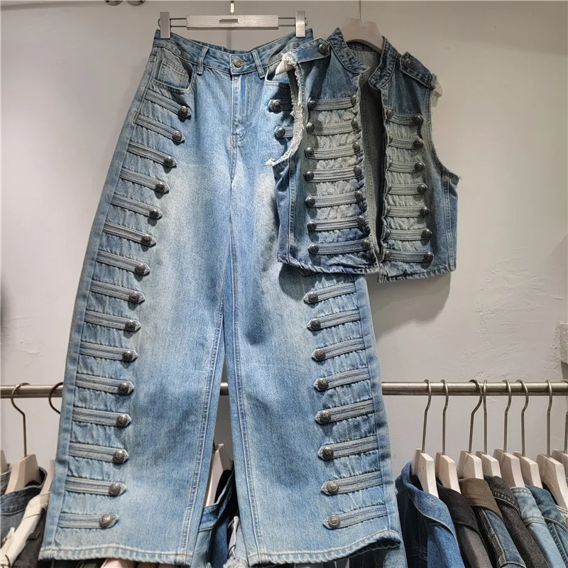 European Women's Denim Matching Set Fashion High Street Retro Double Breasted Vest Button Design Jeans Female Two-piece Sets