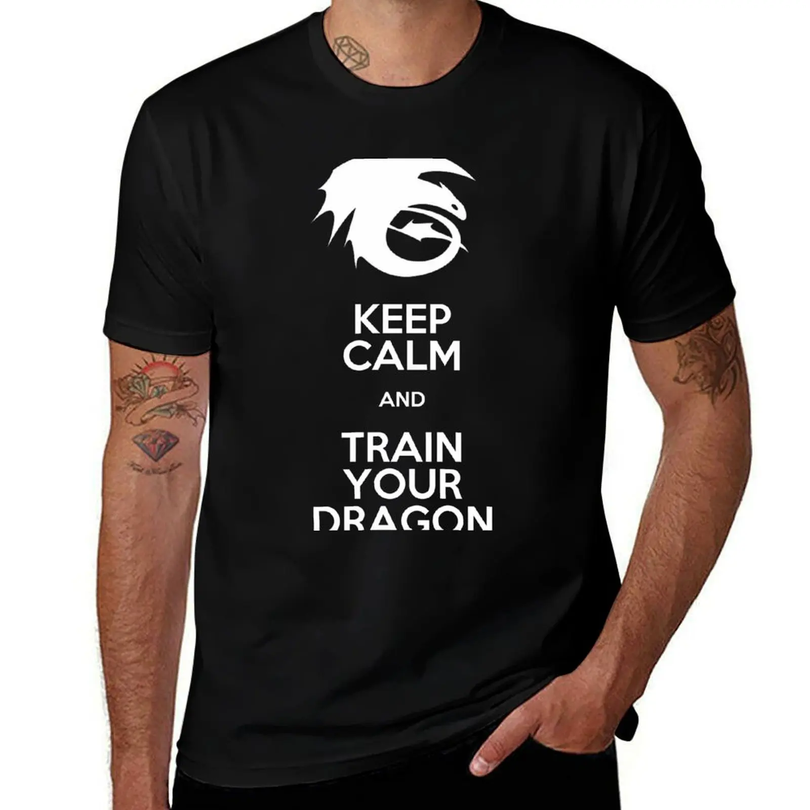 

Keep calm and train your dragon WHITE FONT T-Shirt Daily Work Short Sleeve Top