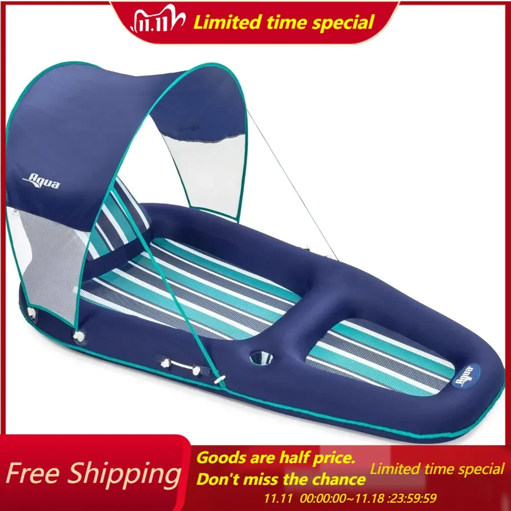 Pool Float Lounger with UPF 50 Canopy and Cupholder – Heavy Duty, Inflatable Pool Lounge for Adults