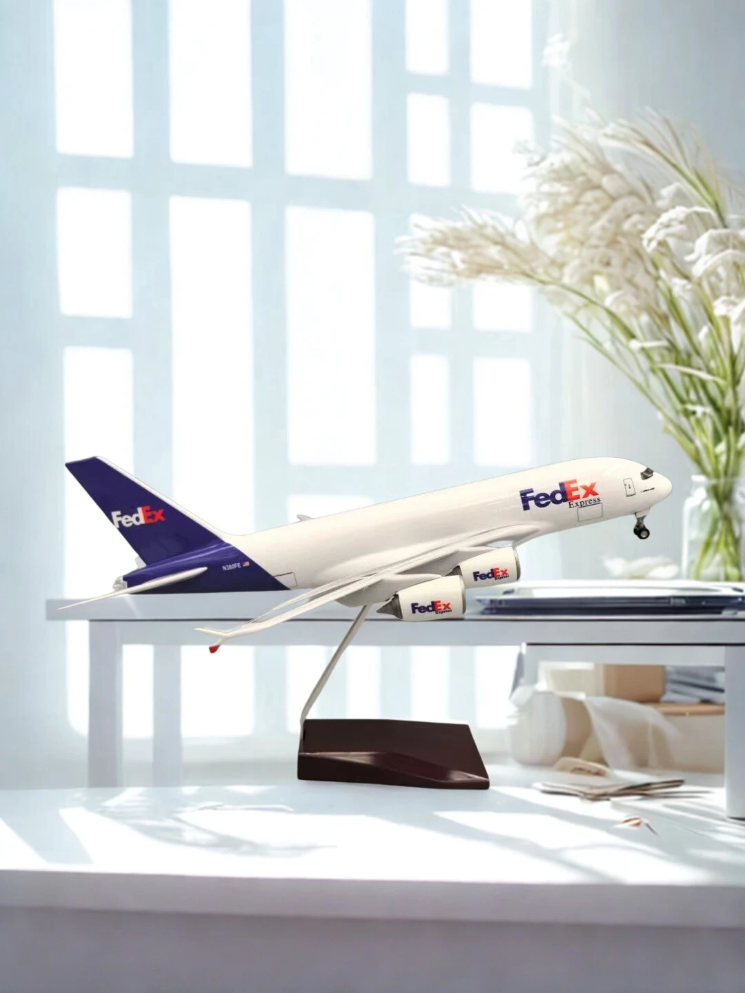 

36cm scale aircraft toy A380 FedEx Cargo Air With Base & Wheel Miniature Resin airplane toy Model Collected Gift By Aviation