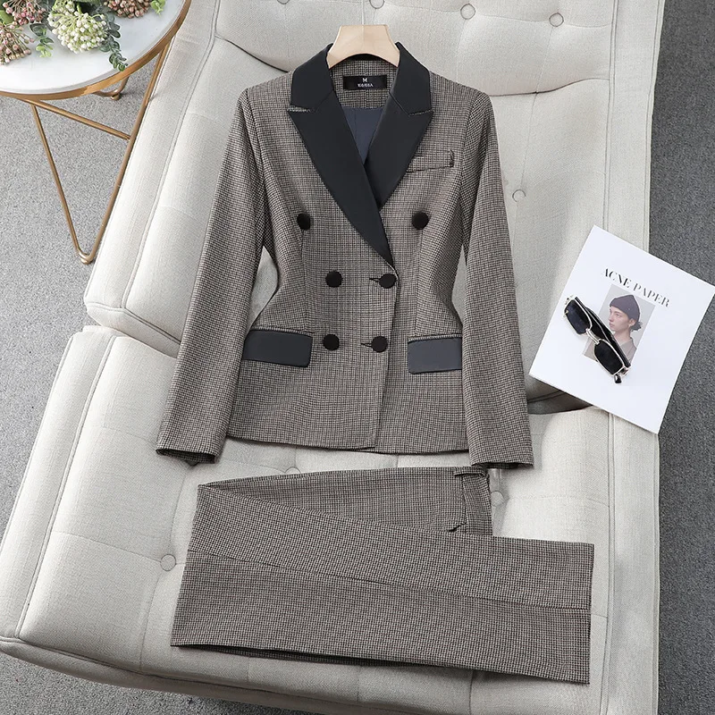

2024Waist-Cinching Spring and Autumn Houndstooth Small Blazer for Women, Mid-Length Slim Fit Elegant Blazer, Professional Suit