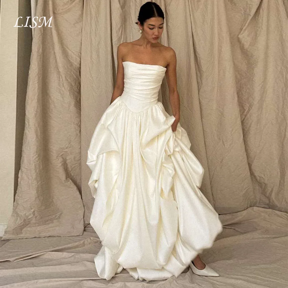 Lism Customized Elegant Wedding Dresses Strapless Remove Sleeves Ivory Satin Draped A-Line Modern Bridal Gown vestidos de novia