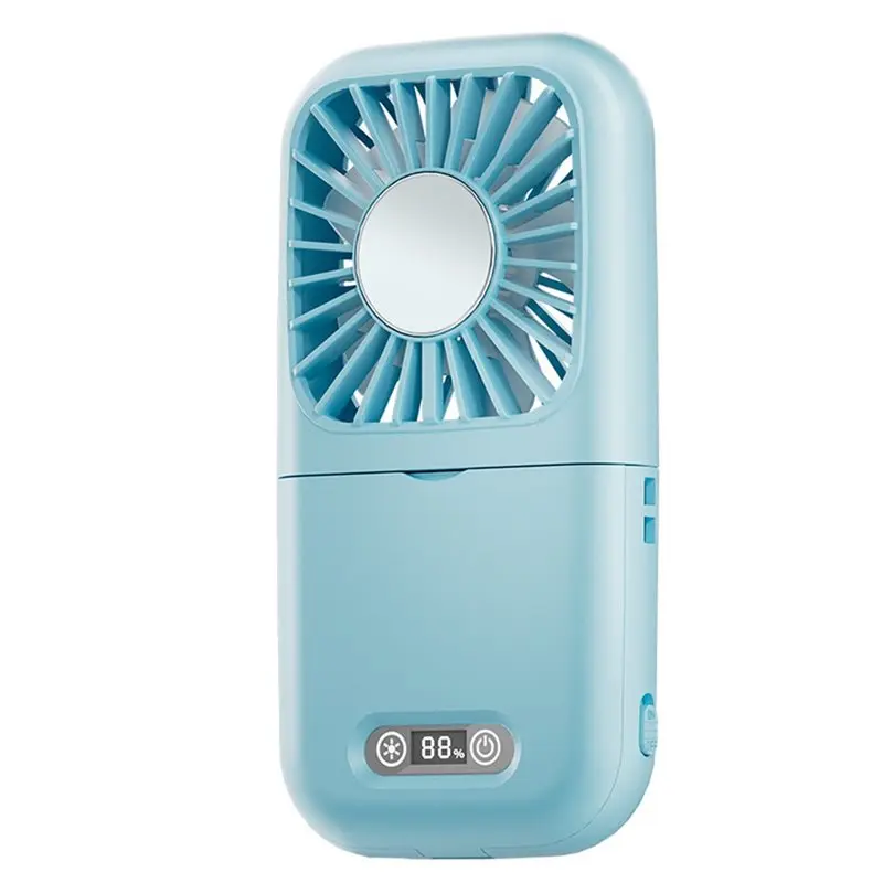 AB41-Portable Fan Makeup Mirror Lighting Up Fan Summer Soft Breeze Foldable Cosmetic Tool Blue