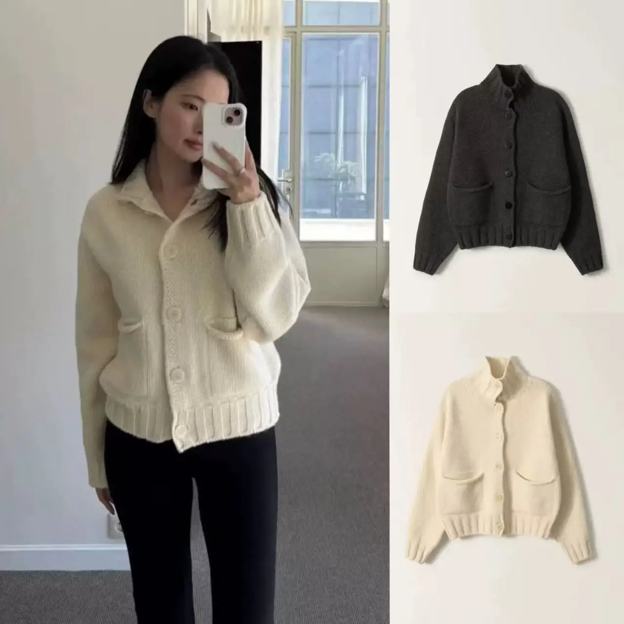 

Pure Color Knitted Sweater with ket Stand Collar Cuffed Sve Autumn Winter Women's Faion Korean Sle Long Sve Coat