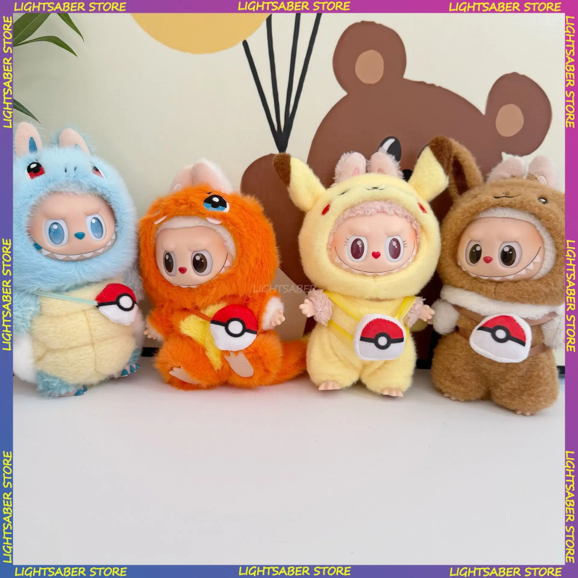 

Одежда с героями мультфильмов Labubu 3,0, кавайный наряд Пикачу Чармандер с рюкзаком, мини-плюшевая кукла, одежда, модные аксессуары для кукол