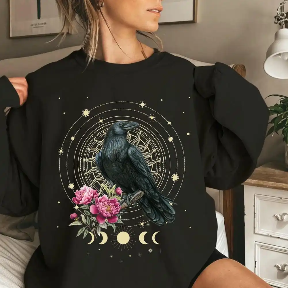 Vintage Moon Phase Celestial Sweatshirt Peony Flower Top Stars Orbit Black Bird Witchy Pullovers Basic Casual Fleece Sweatshirts