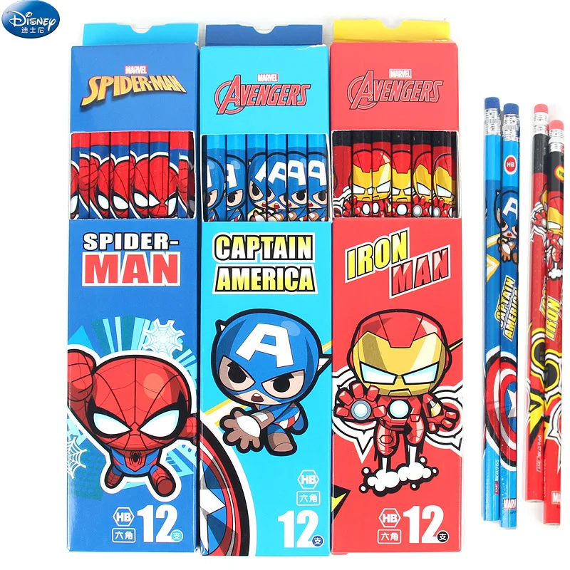 12PCS Marvel Spiderman Pencil Anime Cartoon Crayon Children with Rubber School Supplies Pencil Student Pencil kids Christmas