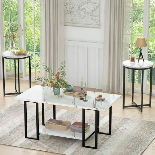 3 Pieces Living Room Table Set, Faux Marble Coffee Table with 2 Round End Side Tables, Coffee Table Set with Metal