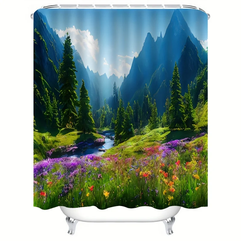 Oversized Waterproof Shower Curtain with Natural Landscape & Floral Design - Machine Washable, Privacy Window Panel Included - P