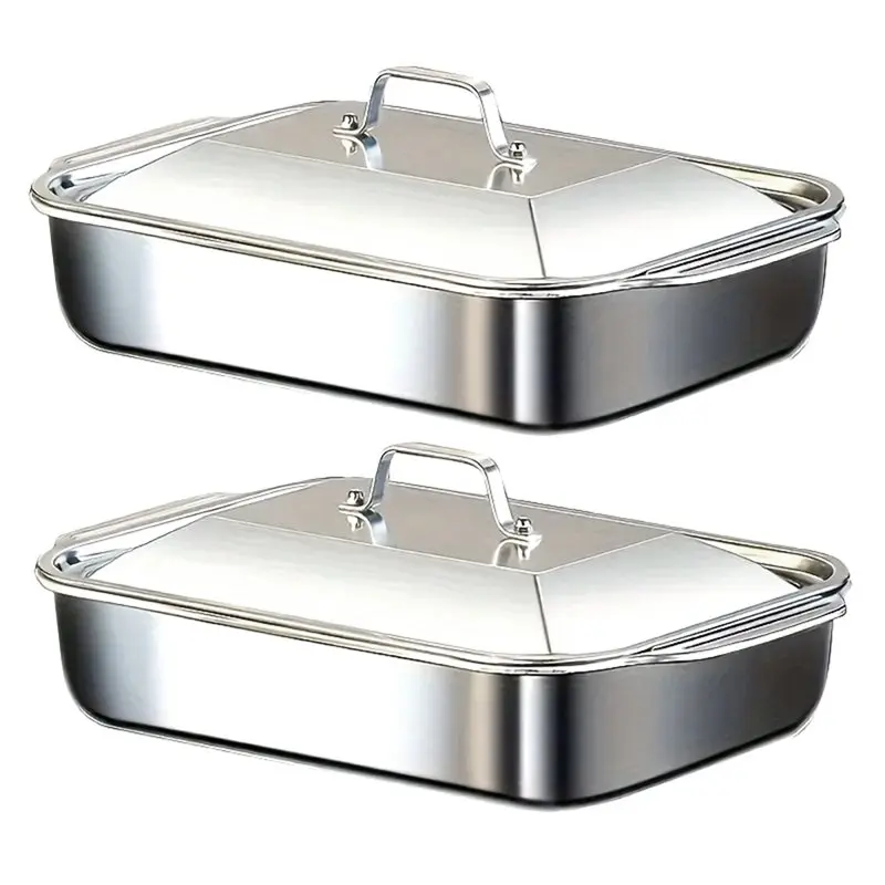 Tainless Steel Baking Pan Set With Lids-2Pcs Dishes For Fish/Pasta Grilling Oven& Dishwasher Safe Cookware