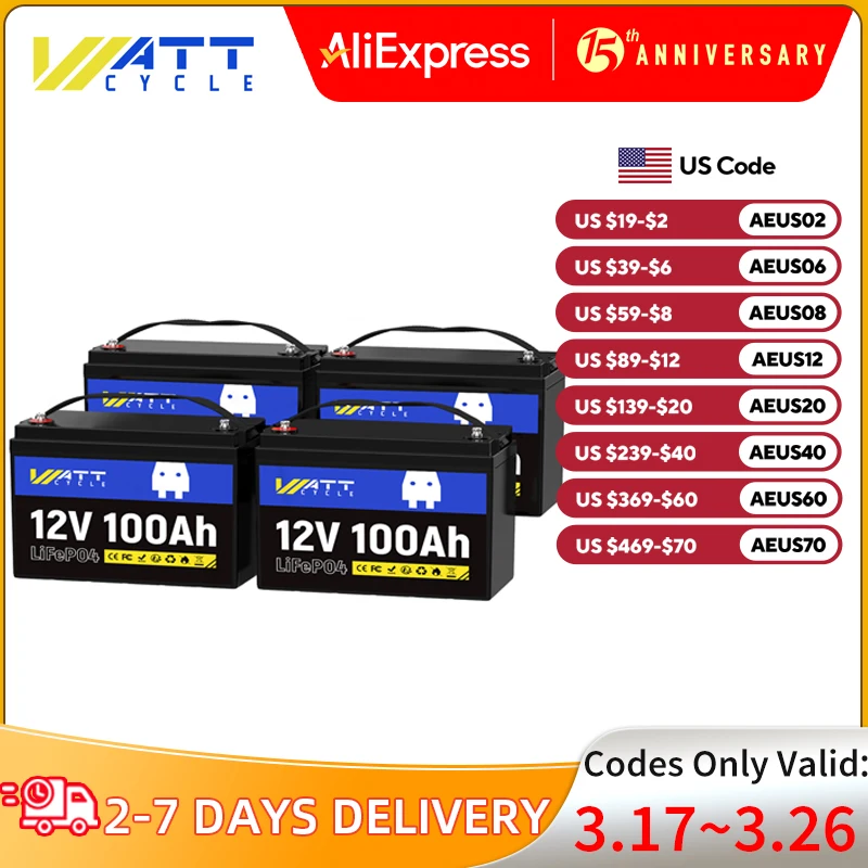 Wattcycle 12V 100Ah Lithium Iron Phosphate Battery Four Packs Rechargeable Electric Portable Power Lifepo4 Battery for Marine/RV