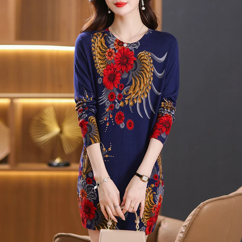 

Print Sweaters Dress 2025 Autumn Casual Long Sleeve Top Pullovers Knitwear Jumper Pull Elasticity Long Sweater For Women