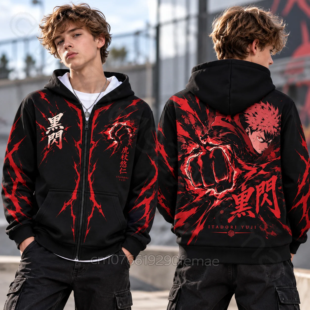 JUJUTSU KAISEN Itadori Yuji Black Flash Autumn Fall Zip Up Hoodie Kids Anime Fighting Sweatshirt Red Black Jacket for Teens