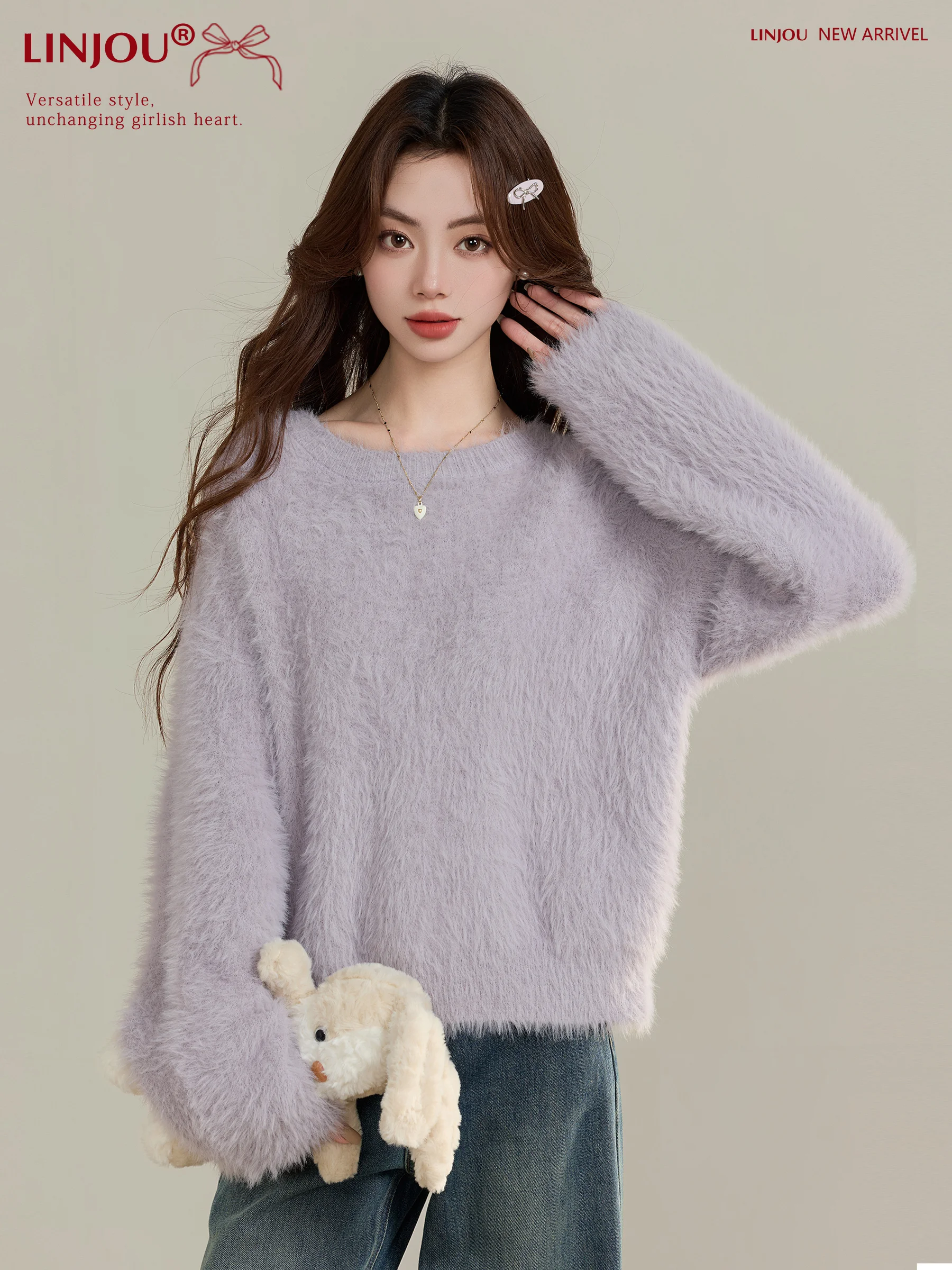 

Ruched Velvet Purple Sweater Women's Loose Fit Long Sve Warm Knitted Top for Autumn Winter Faion Sweet Sle Polyester F...