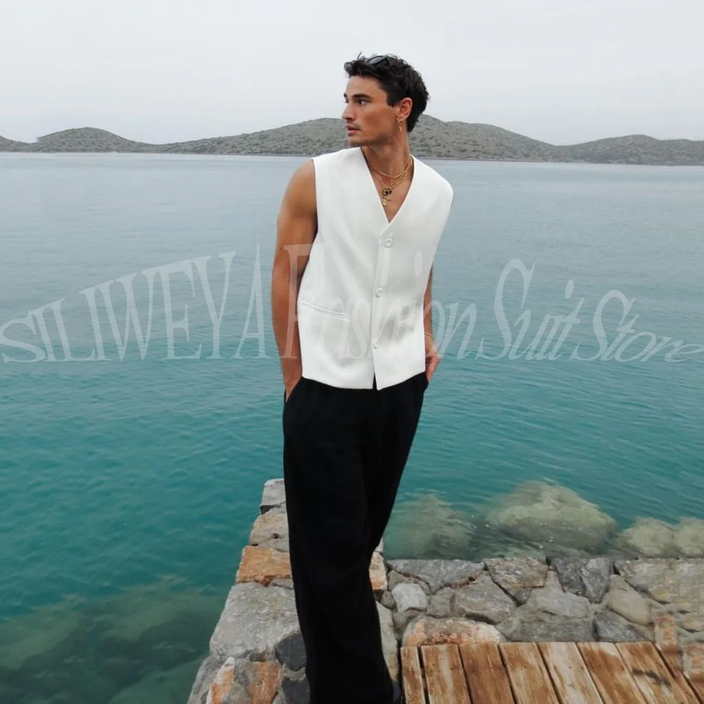 

Conjuntos Urbanos Para Hombre 2026 Street Wear Sleeveless Vest & Wide Leg Pants White Black 2 Piece Outfit Daily Male Blazer Set