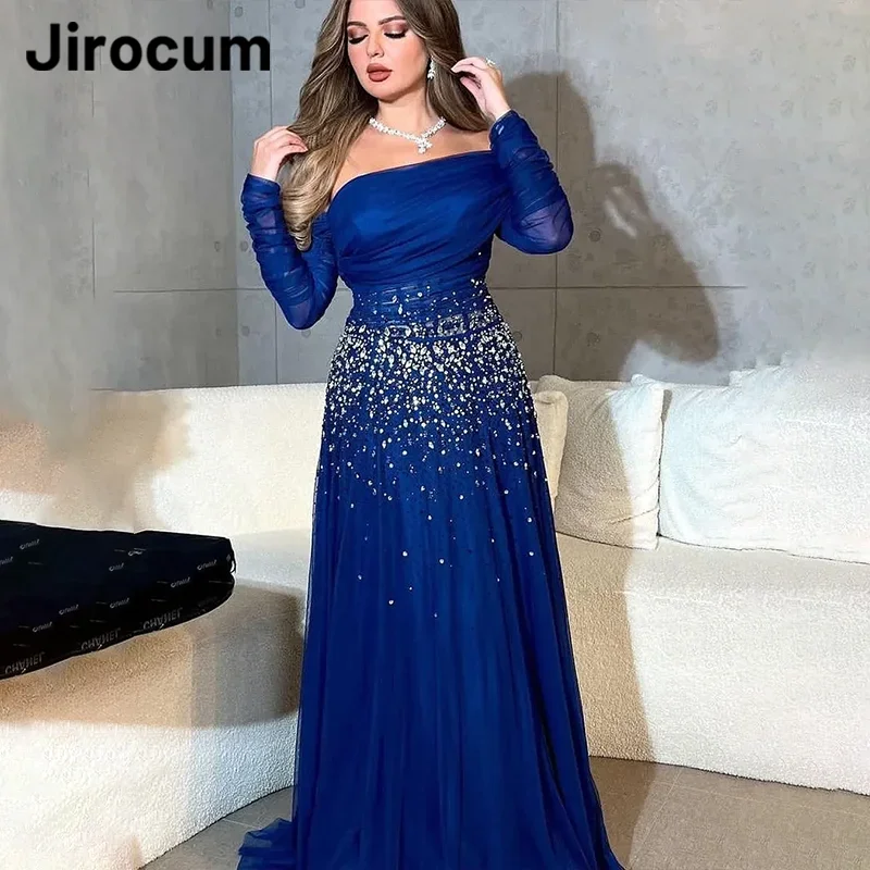 

Arabia Elegant Royal Blue Evening Dresses Women's Sequin Beaded Prom Dresses A Line Saudi Customized Formal Occasion Dress
