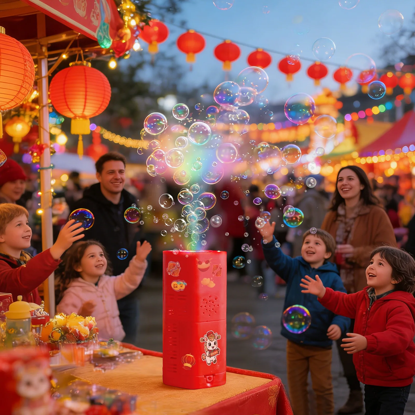 Ano do cavalo ano novo fogos de artifício máquina de bolhas, luzes coloridas, soprador de bolhas totalmente automático, presente de ano novo das crianças