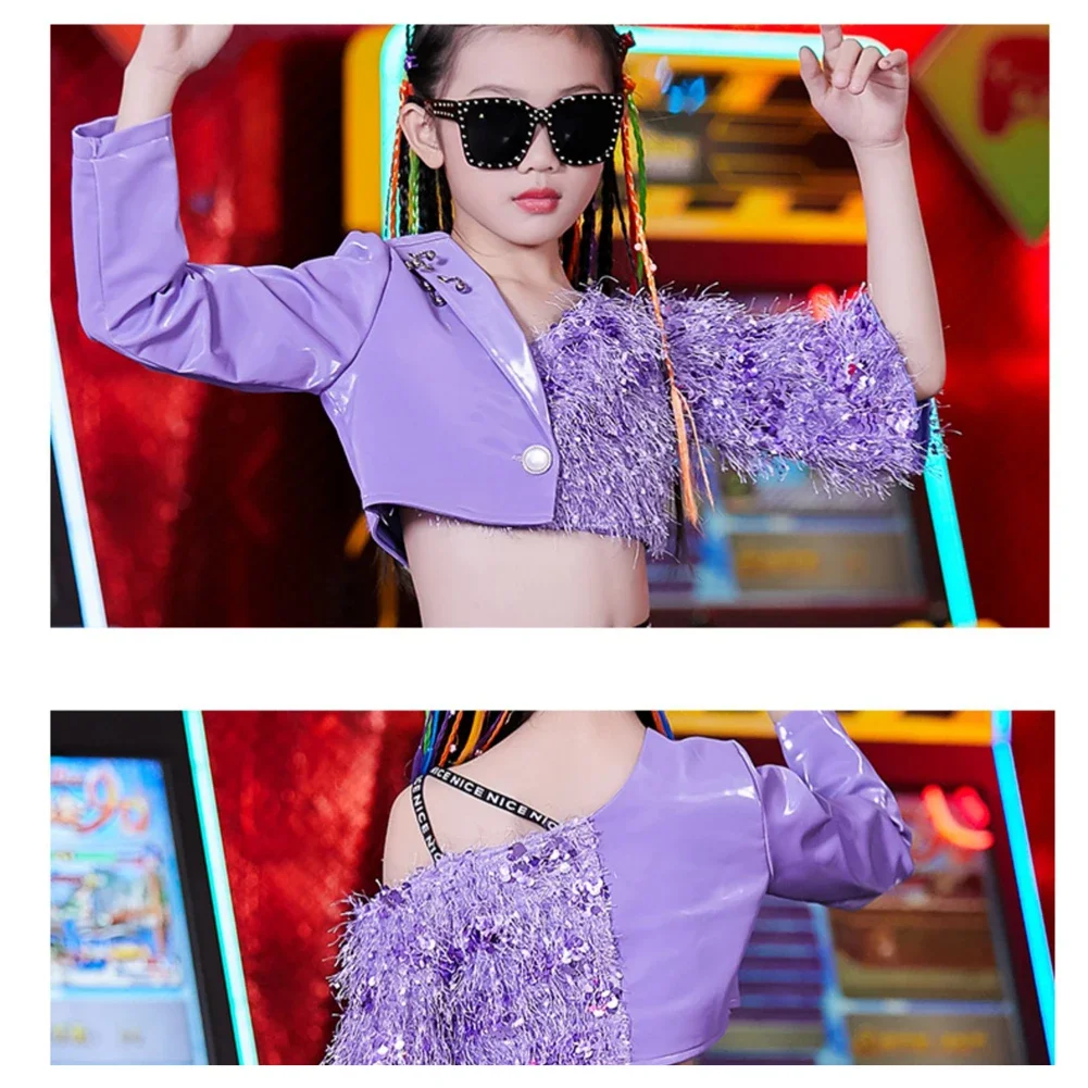 Kids Girls Purple Sequins Jazz Street Dance Costume Hip Hop Outfit Catwalk Trendy Clothing Stage Performance Wear