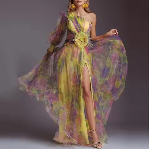 Women's Mesh Evening Dress Vintage Pattern Printed High Waisted Long Dress New One Shoulder Pleat Banquet Swing Dress for Female