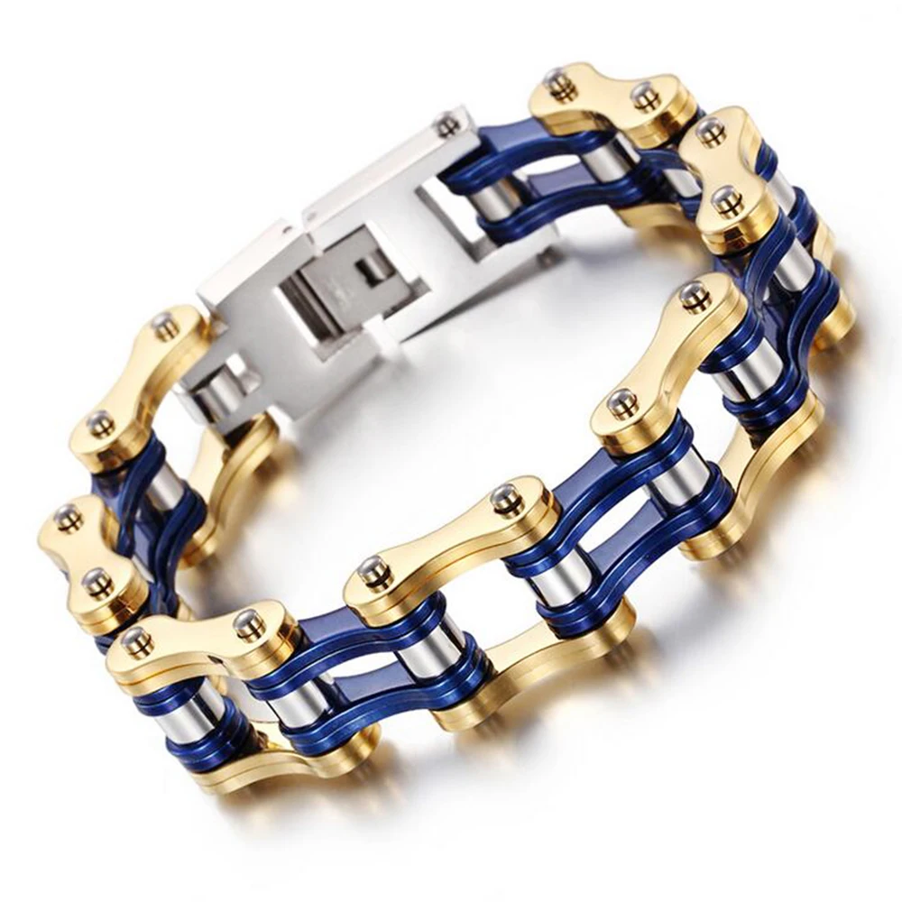 16mm Punk Gold Color Bike Biker Bracelet Jewelry Men Women Hiphop Blue Stainless Steel Motorcycle Bicycle Chain Bangle Wristband