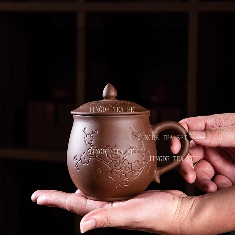 

500ml Large Capacity Purple Clay Tea Cup Chinese Style Carved Plum Blossom Tea Cup with Lid Household Tea Cup Teaset Accessories