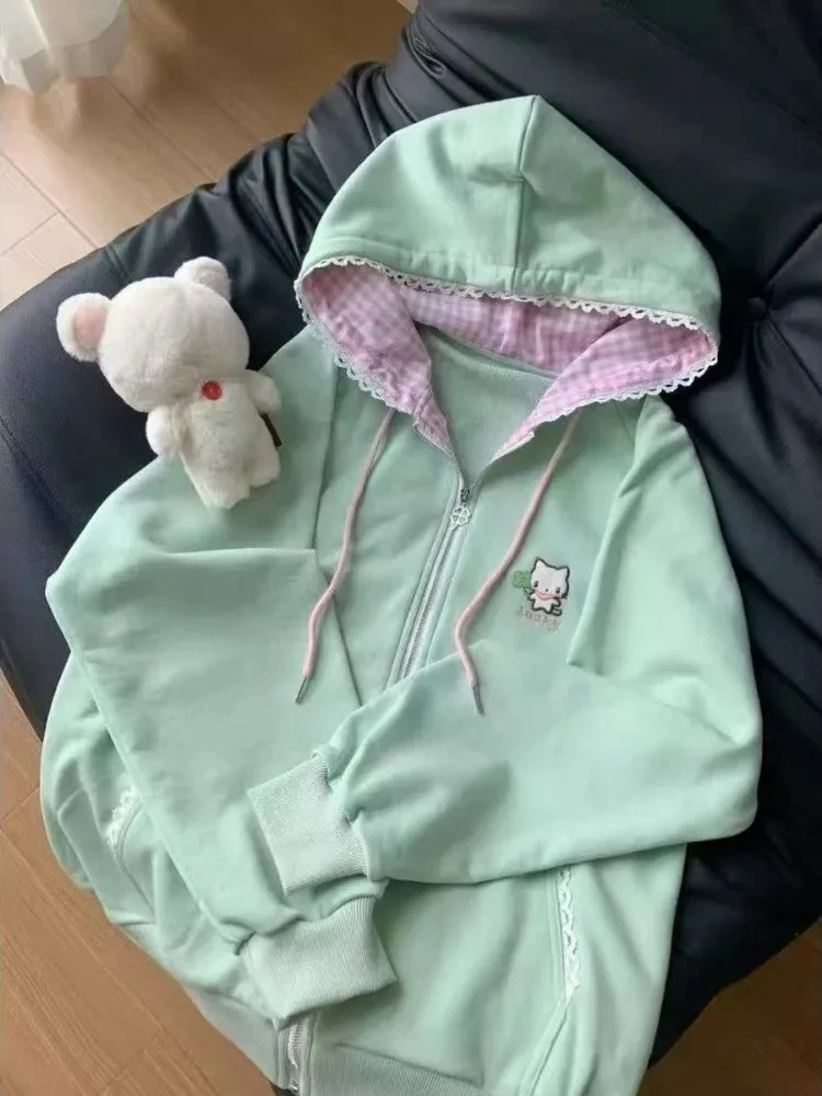 Kawaii لطيف طباعة اليابانية ملابس الشارع الشهير طويلة الأكمام المرأة الحلو نمط سستة البلوز فتاة لينة موضة ربيع 2025