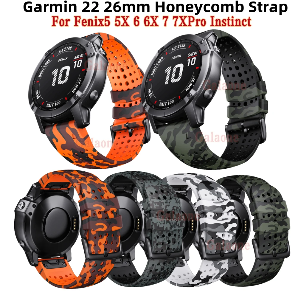 22mm 26 Garmin Camo Rubber Easy Fit Strap For Fenix5 5XPlus 6 6XPro 7Pro 7XPro Quick Release Watch Band Instinct Honeycomb Belt