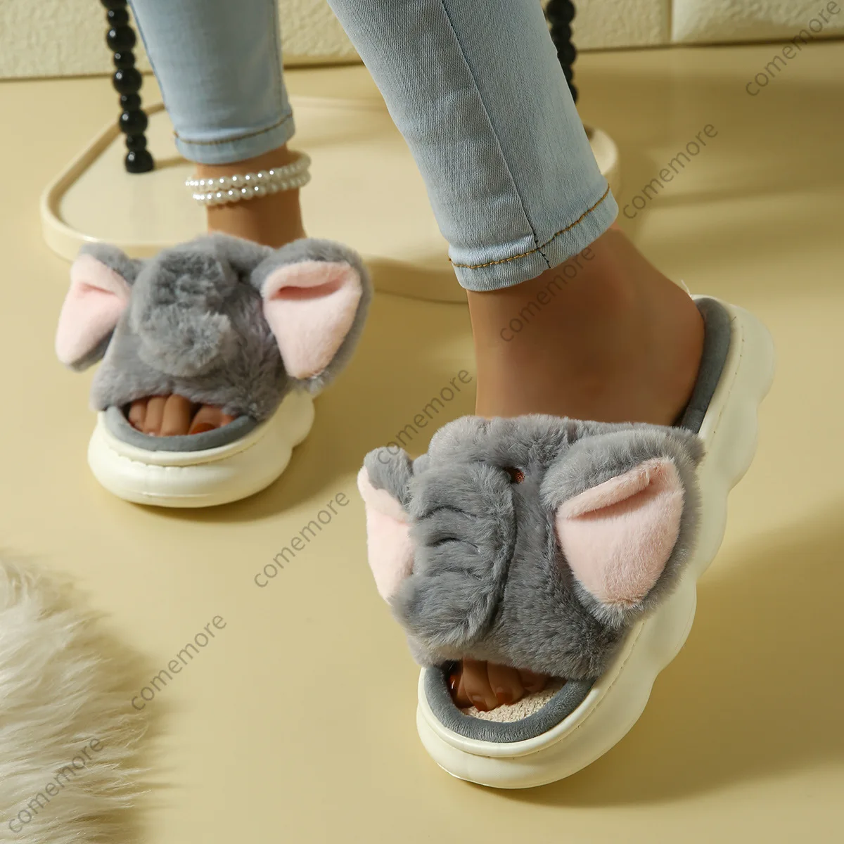 Winter New Women's Elephant Slipper Woman Fuzzy Fleece Piglet Slides Shoes Ladies Slippers Indoor Home Shoes Furry Loafer