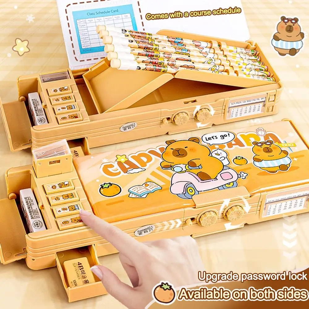 Trousse à crayons Capibara multifonctionnelle Double couche avec verrouillage par mot de passe, boîte de papeterie, boîtes à stylos de grande capacité, cadeau pour la rentrée scolaire