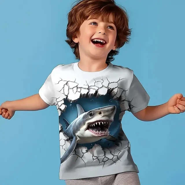 男の子用の3Dサメ柄Tシャツ,半袖,スポーツファッション,ポリエステル,ラウンドネック,カジュアル,毎日,子供,大人,夏