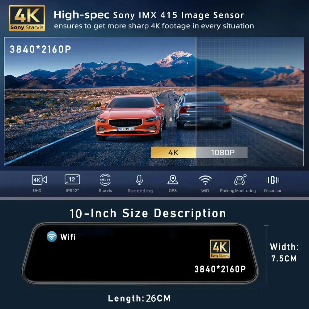 4K كاميرا مرآة 10 بوصة IPS سيارة تعمل باللمس مسجل فيديو مرآة الرؤية الخلفية داشكام 2160P GPS واي فاي 24H وقوف السيارات DVR الصندوق الأسود