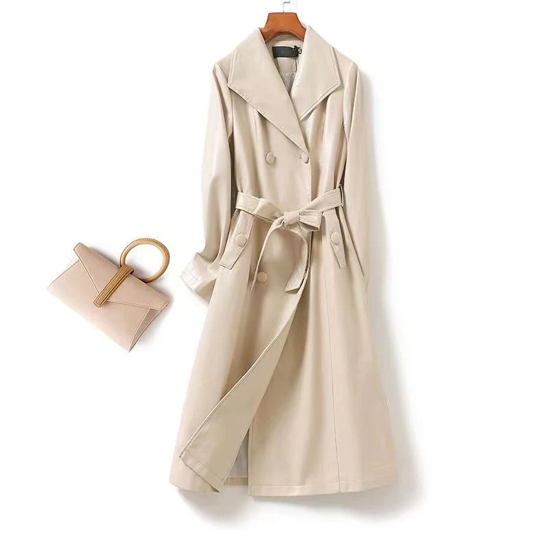 ผู้หญิงเสื้อหนังยาว 2025 ฤดูใบไม้ผลิใหม่เกาหลีSlim Luxury Windbreaker Jacket Double-Breastedเข็มขัดBomber Streetwear Outwear