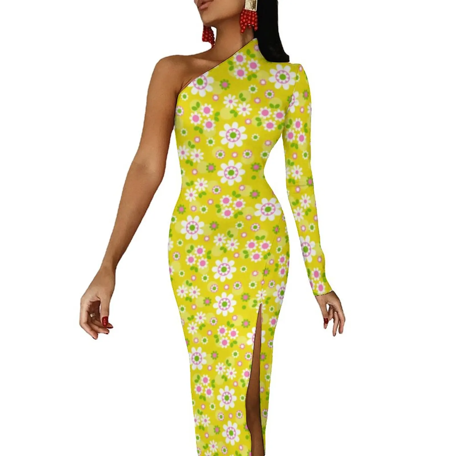 Retro Mod Bodycon Dress Spring Flowers Yellow Print Trendy Side Split Long Dresses One Shoulder Custom Street Style Dress
