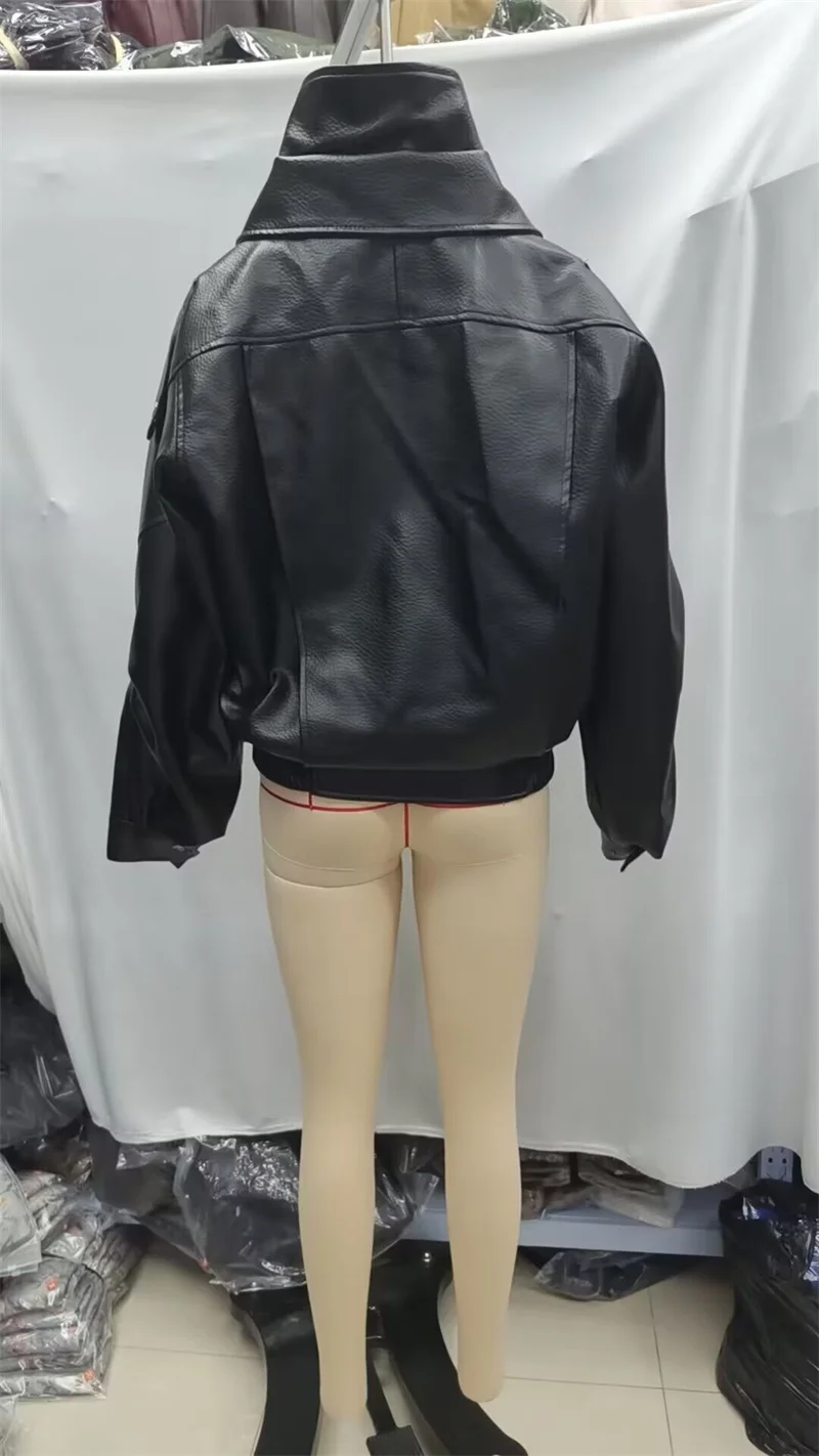 Guobioziy 2026 Fall New Women's Jacket 2026 Fall New Release Loose Faux Leather Biker Jacket Parka European and American Style
