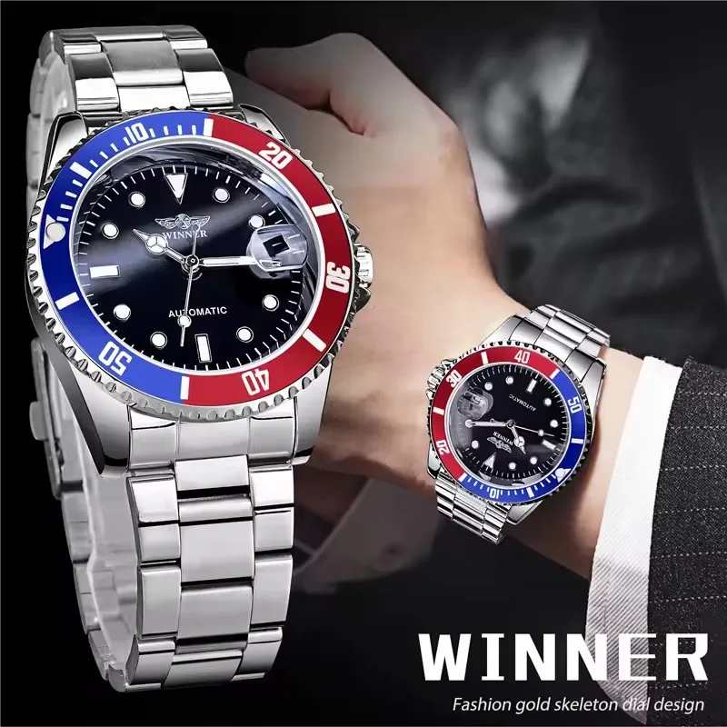 WINNER 002 Casual Men's Automatic Mechanical Watch Luminous Waterproof Stainless Steel Strap Wristwatch Calendar Watches for Man