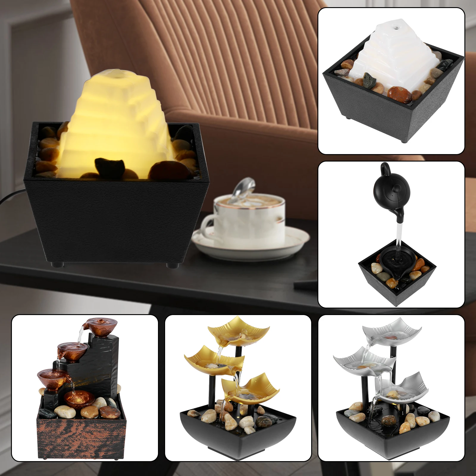 Tabletop Fountain Meditation Water Fountain With Light And Pebble Small Waterfall Fountain Ornament For Table Office Home