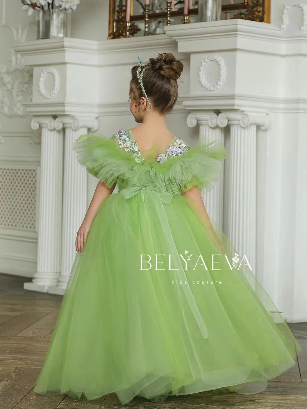 Green Tulle Applique Puffy Flower Girl Dress With Bow For Wedding Princess Kids First Communion  Ball Gown Birthday Dress