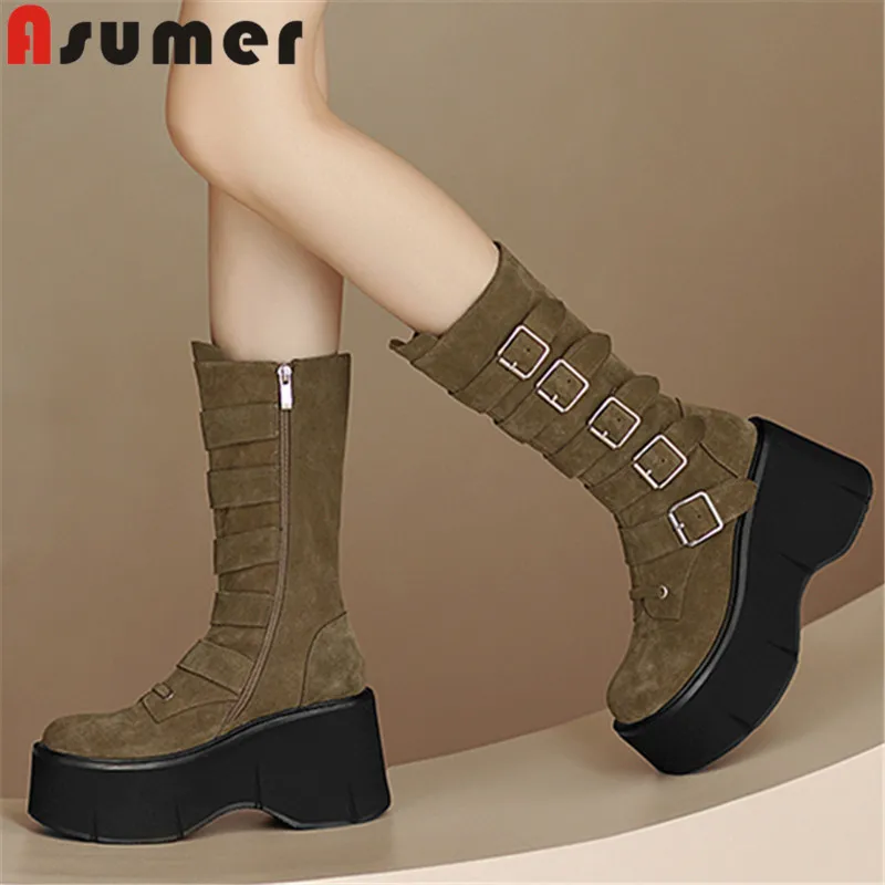 

ASUMER 2024 New Fashion Cow Suede Boots Woman Wedges High Heels Platform Shoes Zipper Autumn Winter Ladies Mid Calf Boots