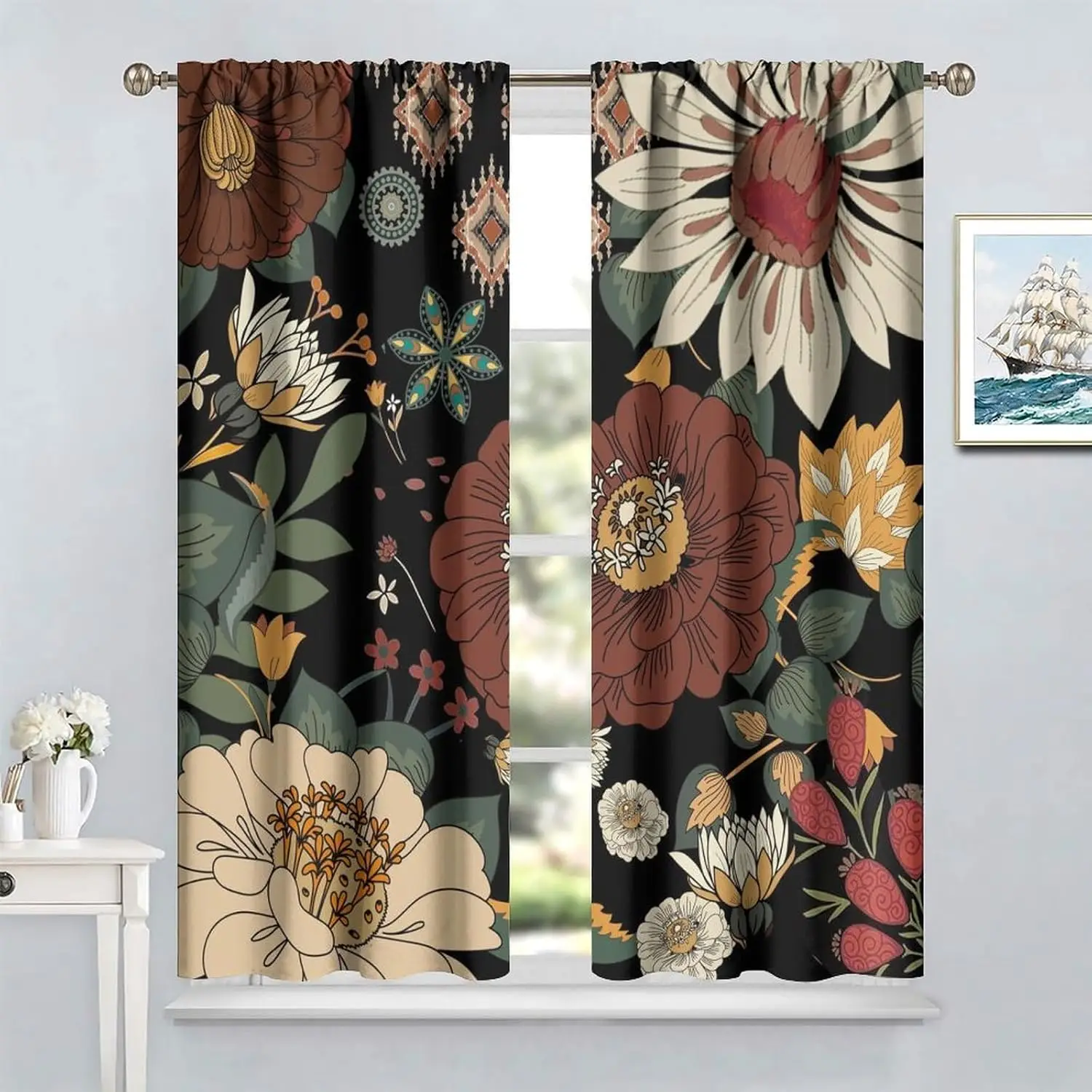 Floral Botanical Curtain,Abstract Mid Century Morden Boho Bohemian Flowers Tropical Leaves Bedrooms Curtain,Vintage Colorful