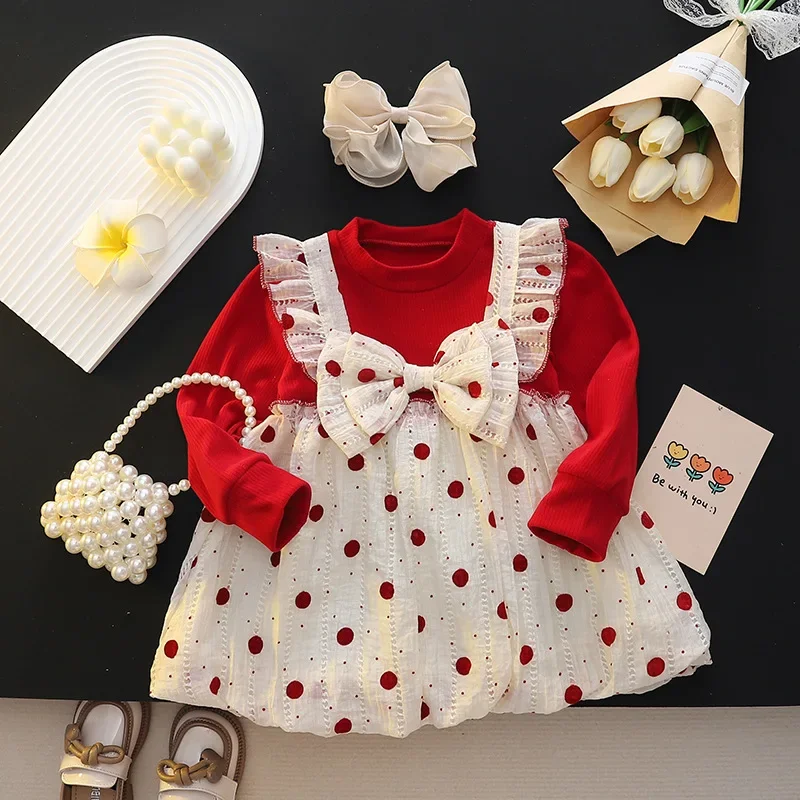 Baby Dresses for Girls Baby Girl Romantic Small Flying Sleeve Long Sleeve Ruffled Mesh Dress + Bow Headscarf Spring And Autumn