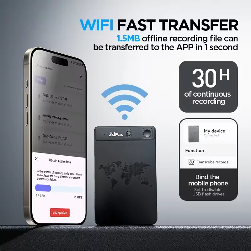 

New Long Range Recorder 64GB 6000H Recording Time Dual Microphone Noise Reduction Interview, AI Translation and Transcription