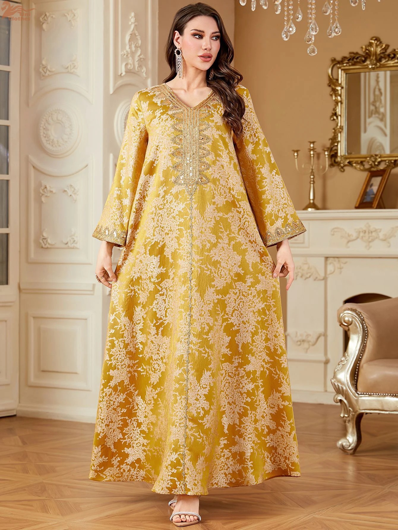 Fashion Summer Ethnic Floral Print Long Dress Muslim Vintage V-Neck Lace Tape Dress Eid Mubarak Sequins Clothing Women Dress ﻿