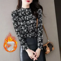 Women's Half High Collar New Patchwork Long Sleeve Slim T-shirt Bottom Fashion Autumn and Winter Elegant Printing Pullover Tops