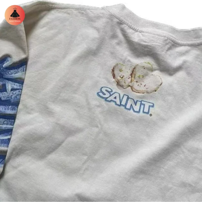 Street Simple SAINT Love Biscuit Printed Long Sleeve Cartoon Washed Long Sleeve T-Shirt Vintage Mens Womens Tops