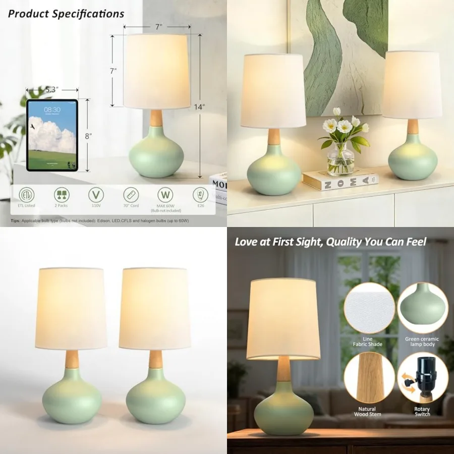 

14" Ceramic Table Lamp Set of 2, Small Bedside Lamp with Natural Wood Stem and Linen Shade Modern Farmhouse Night Lamp for Bedr